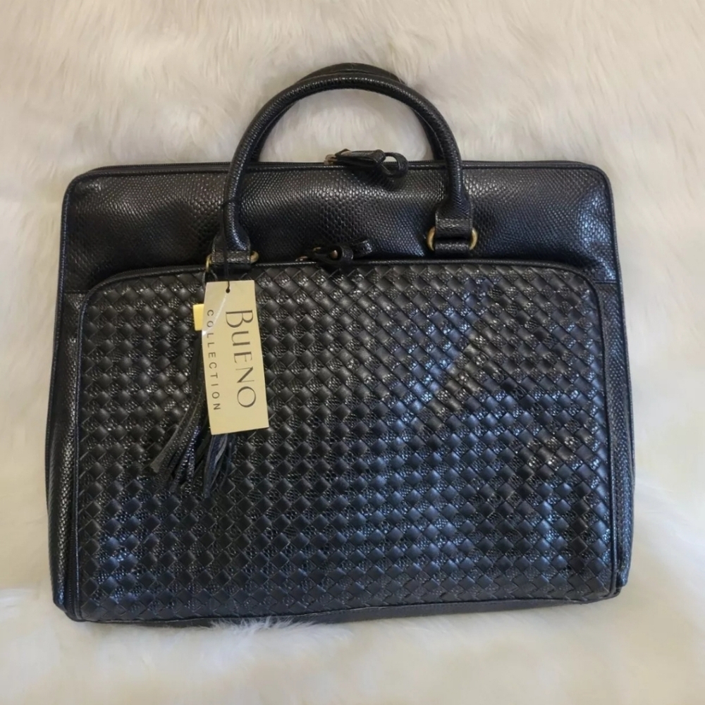 Vintage Bueno Collection Black Woven Faux Leather LAPTOP TOTE Bag Line Purse NWT